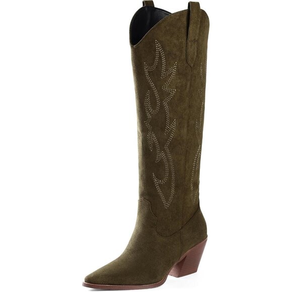 ⚡Women's Olive Knee High Pointed Toe And Block Heel Suede And Faux Leather Boots - Picture 1 of 5